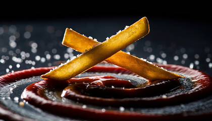 Two Golden French Fries Crossed Over a Swirl of Ketchup with Salt Sprinkles crispy potato
