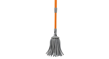 A modern mop with an orange handle and gray strings