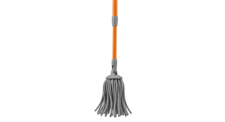 A modern mop with an orange handle and gray strings