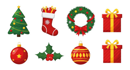 Christmas holiday decoration vector assets: tree, gifts, wreath