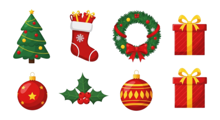 Christmas holiday decoration vector assets: tree, gifts, wreath