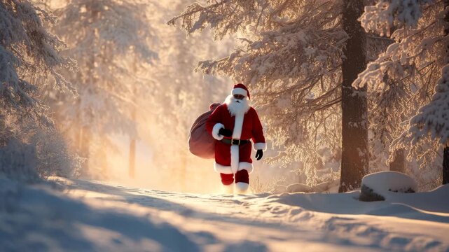 Santa Claus walking through snowy forest at sunrise carrying a big sack of Christmas gifts