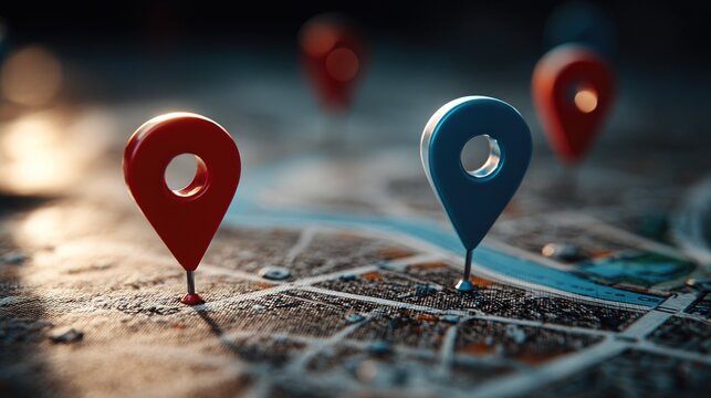 Colorful location markers on a city map for travel and navigation concept