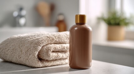A sleek brown bottle of shampoo beside a neatly rolled beige towel, set in a bright and calming bathroom environment.