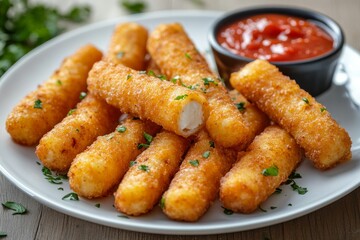 Fototapeta premium Cheese sticks arranged on a plate with a bowl of marinara sauce ready for dipping during a casual gathering or snack time