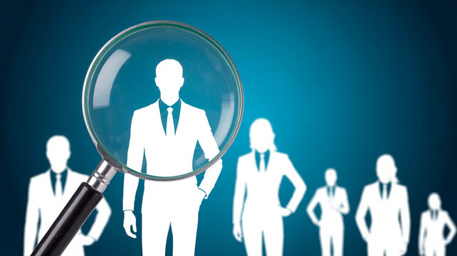 Magnifying glass focusing on a silhouette of a person in a suit with other figures behind it