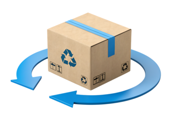 Cardboard delivery box or parcel with blue arrow direction guide