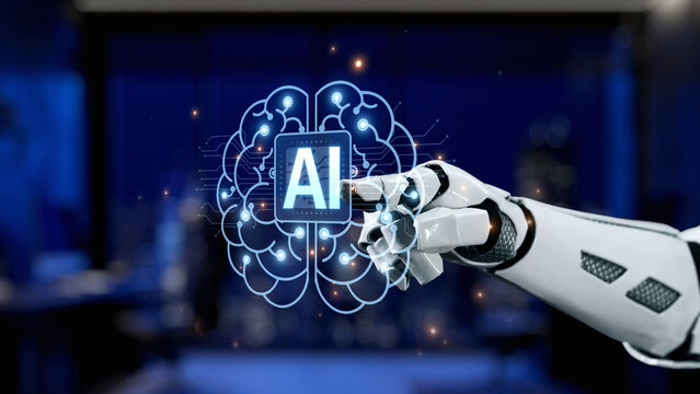 A futuristic robot hand interacts with digital artificial intelligence graphics, symbolizing innovation and technological advancement in modern settings. Synapse