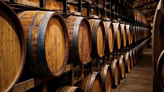 Aging wooden barrels stacked in a rustic cellar, showcasing traditional storage methods and warm craftsmanship inside a distillery environment
