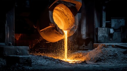 Molten metal pours from a furnace in a busy foundry during nighttime operations