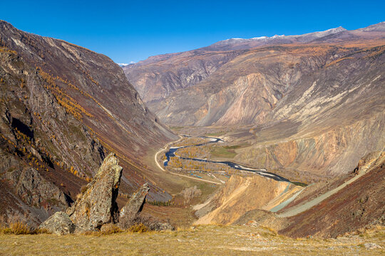 View of the valley of the mountain river Chulyshman in Altai Republic, Russia. Altai mountains.