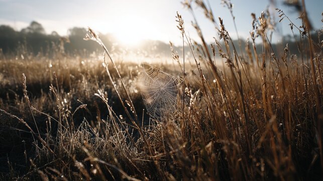 Early morning frost highlights a delicate spider web in a tranquil field at sunrise