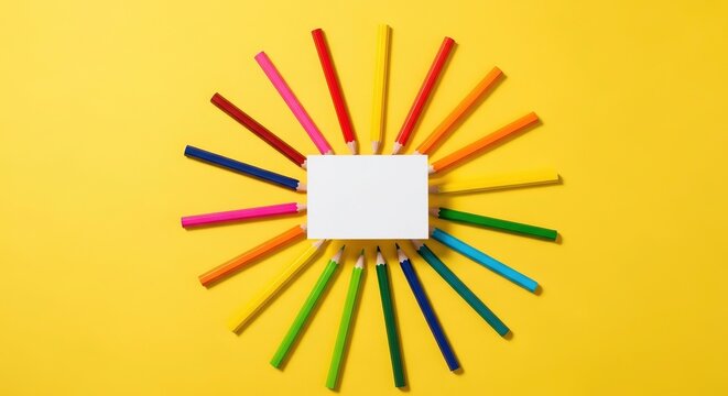 A vibrant circular arrangement of colored pencils encircling a blank white square on a bright yellow background, symbolizing creativity and art supplies