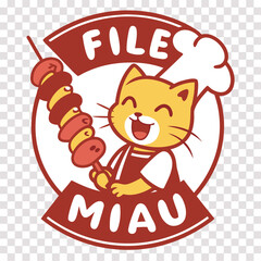 Cute Chef Cat Holding Skewer Logo  Funny Restaurant Mascot Cartoon Design