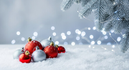 Several red and silver baubles on snow, with a snowy pine branch. Represents holiday spirit, winter festivity, Christmas celebration, and joyful occasion