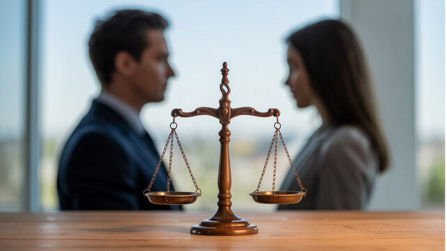 A legal balance scale between a man and a woman suggesting a divorce or legal dispute concept