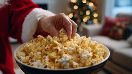 A festive hand reaching for buttery popcorn from a bowl, with a cozy living room and Christmas tree in the background.