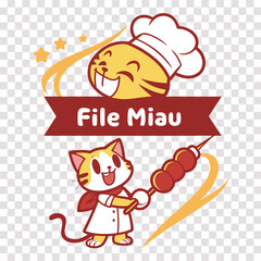 Cute Chef Cat Holding Skewer Logo  Funny Restaurant Mascot Cartoon Design