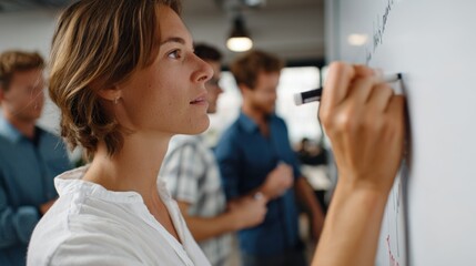 A focused young Caucasian woman writes on a whiteboard, engaged in a collaborative brainstorming session with colleagues in an office.