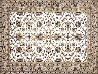 Texture of classic middle eastern Arabic, Turkish, or European baroque carpet rug texture. Seen here the floral swirls pattern with random ornamental swirls. In shades of brown and beige color.