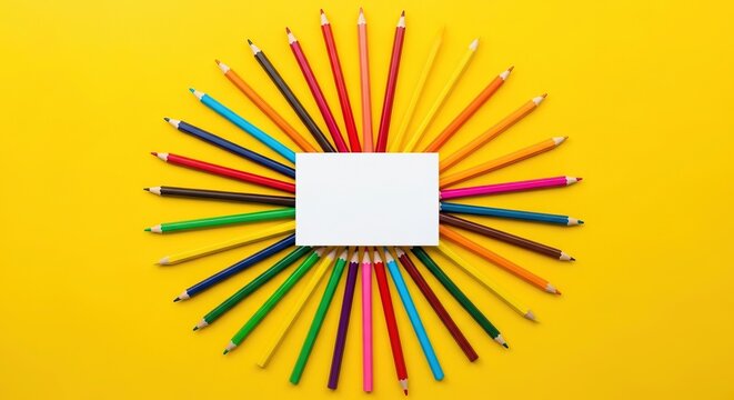 Radiant circle of colorful wooden pencils encircling a blank white card on a vivid yellow surface, inviting creativity, new ideas, and artistic exploration