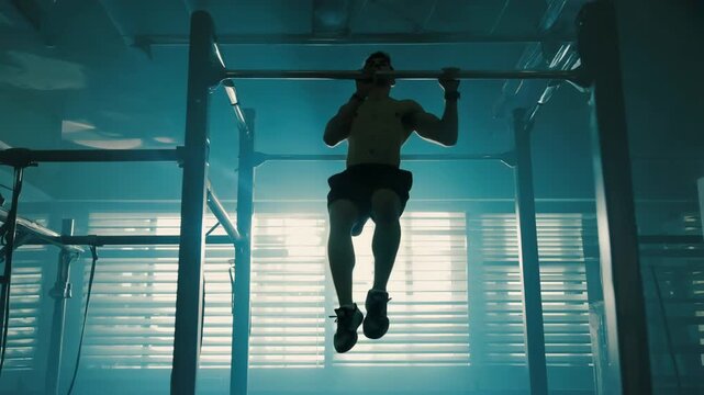 muscular man performs pull ups on an exercise bar in gym