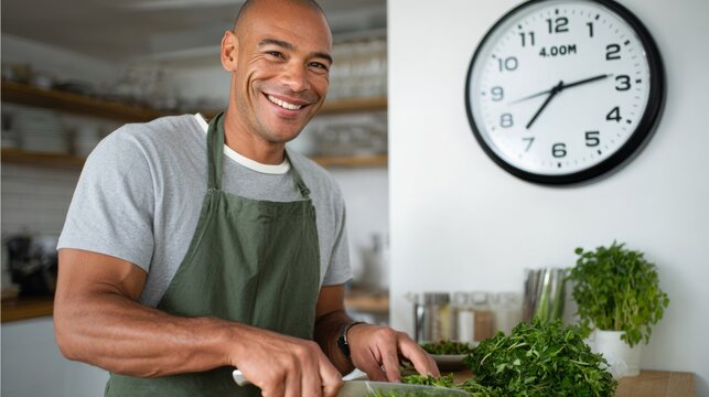 A smiling Black man in a gray t-shirt and green apron chops fresh herbs in a bright kitchen, with a large clock in the background.