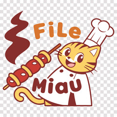 Cute Chef Cat Holding Skewer Logo  Funny Restaurant Mascot Cartoon Design