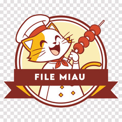 Cute Chef Cat Holding Skewer Logo  Funny Restaurant Mascot Cartoon Design