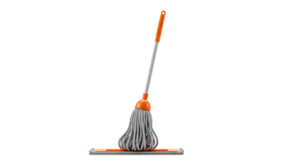 Mop with orange handle and grey string head
