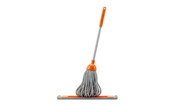 Mop with orange handle and grey string head