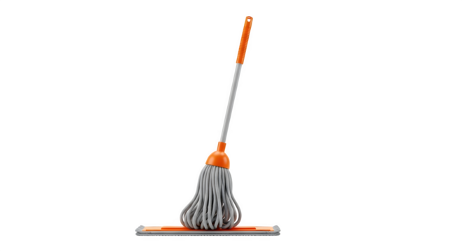 Mop with orange handle and grey string head