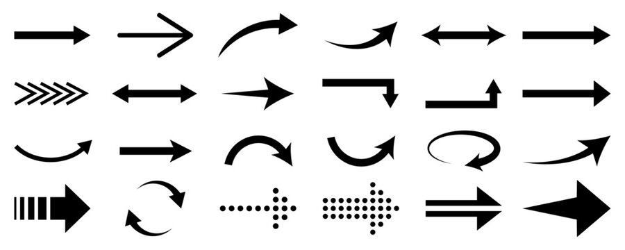 Arrow. Collection of black arrow icons in curved, straight, circular, and dotted styles. Perfect for navigation, infographic flowcharts, presentations, motion graphics, or direction sign and symbol.