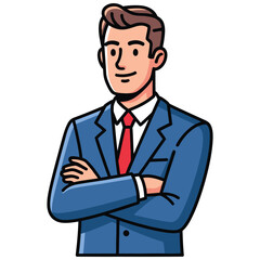 Illustration of a Man in a Blue Suit with Arms Crossed and Red Tie