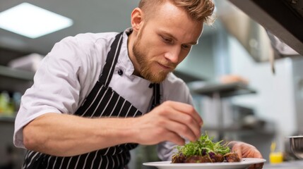 Concentrated male chef garnishing a gourmet dish with fresh herbs in a modern kitchen.