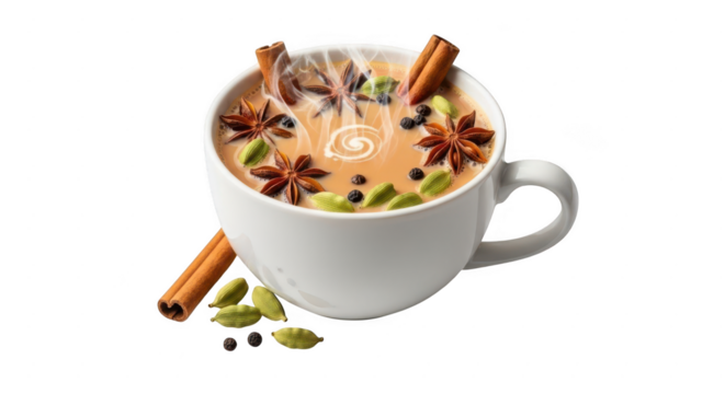 A steaming cup of aromatic chai tea with cinnamon sticks star anise and cardamom pods isolated on transparent background