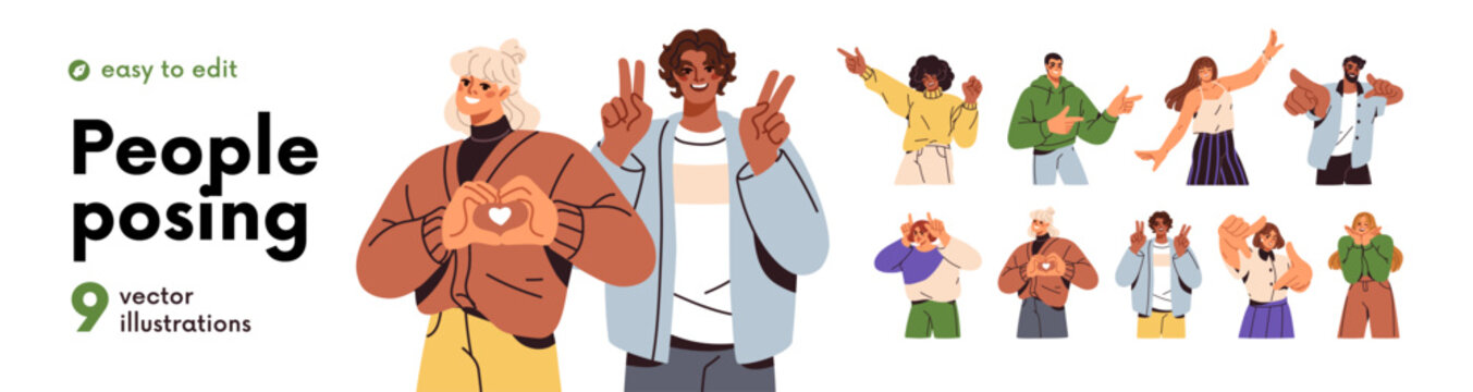 Happy men and women posing set. Smiling people in stances playing positive emotions for photo portraits. Hand gestures, face expressions. Flat graphic vector illustrations isolated on white background