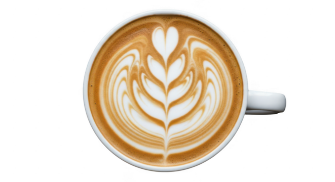 Close up overhead view of a perfectly crafted latte with intricate rosetta latte art in a white mug isolated on transparent background