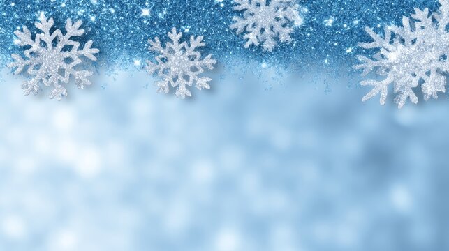 A serene winter-themed background featuring glimmering snowflakes against a soft blue backdrop.