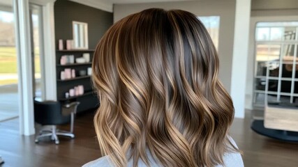 A skilled stylist creates a stunning wavy haircut with highlights, showcasing the new look from multiple angles in a bright salon