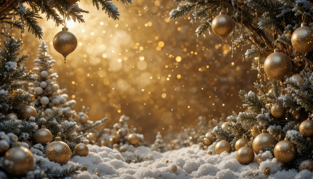 Golden Christmas background with glitter and decorative baubles, elegant luxury tone