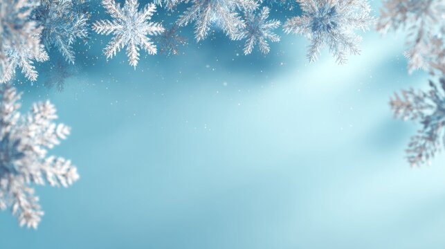 A serene winter backdrop featuring delicate snowflakes against a soft blue background, evoking the beauty of a snowy day.