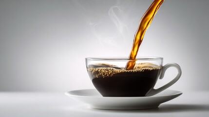 Coffee being poured into a clear glass cup on a white saucer against a light grey background