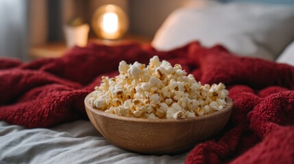 A warm bowl of freshly popped popcorn rests on a cozy bed with a soft red blanket, inviting a relaxing movie night.