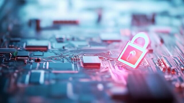 Digital data security padlock on circuit board cybersecurity concept