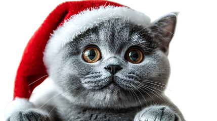 Festive Feline Gray Cat Wearing Red Santa Hat with Striking Amber Eyes in Holiday Cheer and Winter Season Spirit