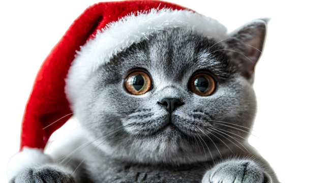 Festive Feline Gray Cat Wearing Red Santa Hat with Striking Amber Eyes in Holiday Cheer and Winter Season Spirit