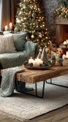 Fototapeta premium Cozy Living Room Decorated With Holiday Lights and Festive Touches During Winter Season
