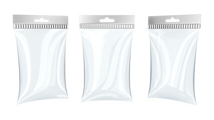 White glossy pouch mockup with hang slot isolated on white. 3d illustration set