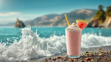 Watermelon milkshake on summer beach
